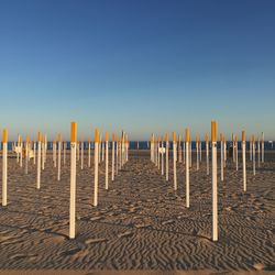 Poles at beach against clear blue sky