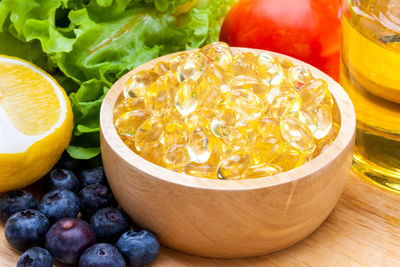 High angle view of fruits in bowl on table