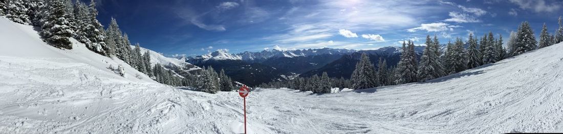 Panoramic view of snowcapped mountains against sky