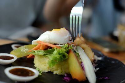 Close-up of food served on table in restaurant