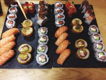 High angle view of sushi on table