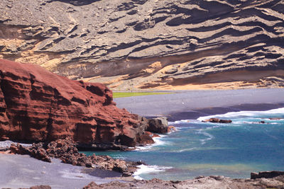 Scenic view of sea and mountains against sky