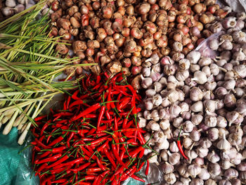 High angle view of chili peppers for sale at market