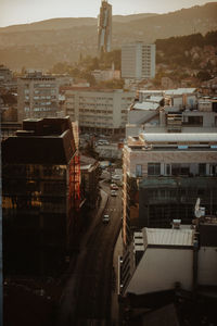 High angle view of buildings in city