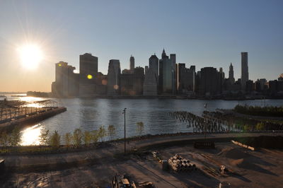 City skyline at sunset