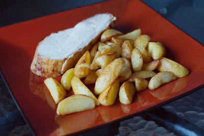 High angle view of bread in plate on table