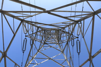 Low angle view of electricity pylon against clear sky