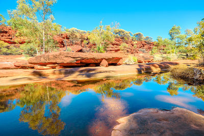 Scenic view of lake against blue sky