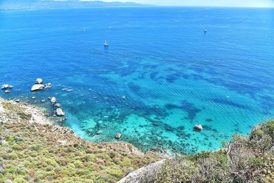 High angle view of sea against blue sky