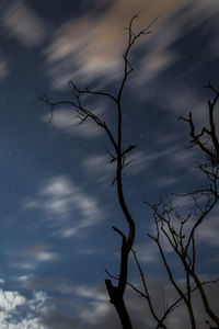 Low angle view of bare tree against cloudy sky