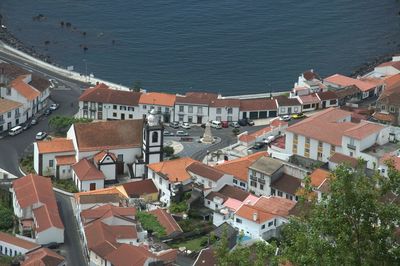 High angle view of houses in town