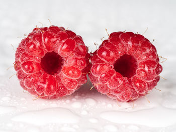 Close-up of raspberries on table