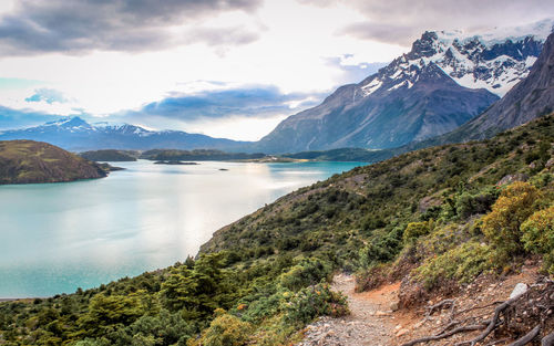 Scenic view of lake and mountains against sky