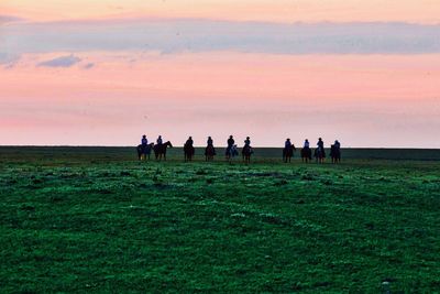 People riding horses on field against sky during sunset