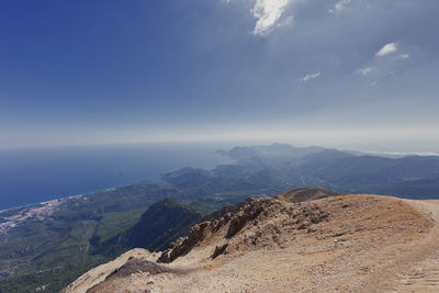 Scenic view of sea and mountains against sky