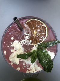 High angle view of fruits in glass on table