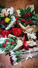 High angle view of various flowers on table