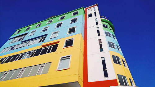 Low angle view of yellow building against clear blue sky