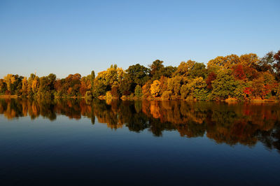 Scenic view of lake by trees against clear blue sky