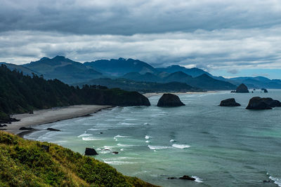 Scenic view of lake against cloudy sky