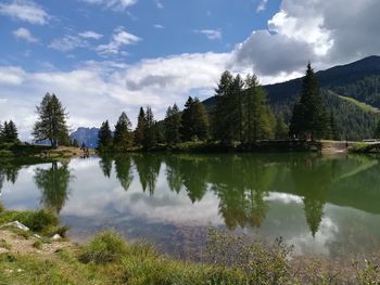 Scenic view of lake by trees against sky