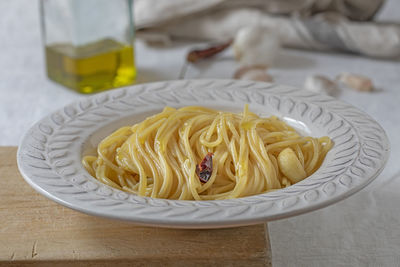 High angle view of noodles in plate on table