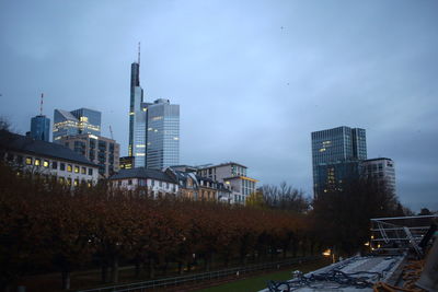 Buildings in city at night