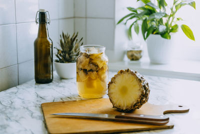 Fermented pineapple kombucha drink tepache. cooking process of homemade probiotic superfood 