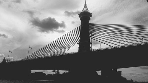 Low angle view of silhouette bridge over river against sky