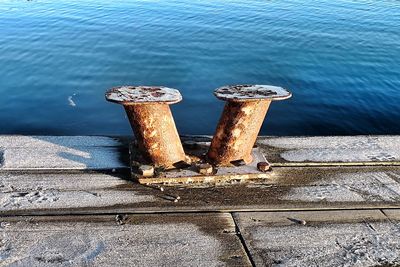 High angle view of ship moored at pier