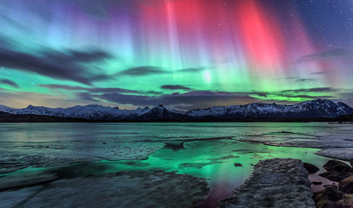 Scenic view of lake against sky at night