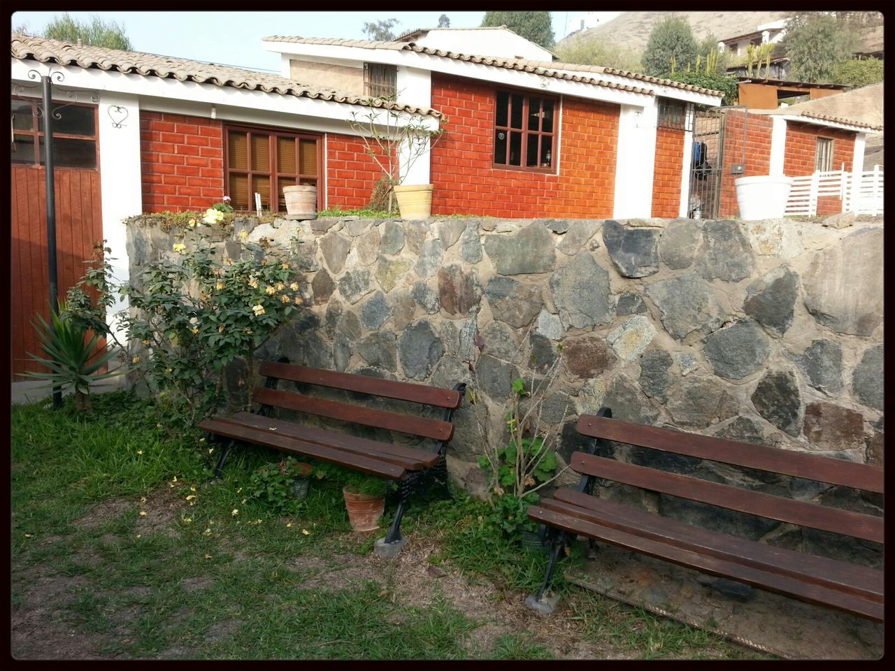 built structure, house, transfer print, building exterior, architecture, wood - material, bench, chair, auto post production filter, steps, absence, empty, seat, plant, day, front or back yard, outdoors, no people, grass, residential structure