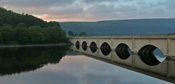 Reflection of bridge on river against sky