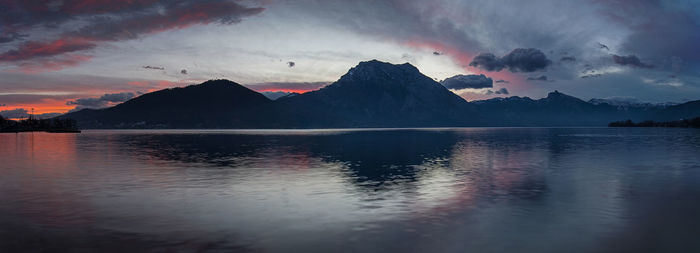 Scenic view of lake against sky at sunset