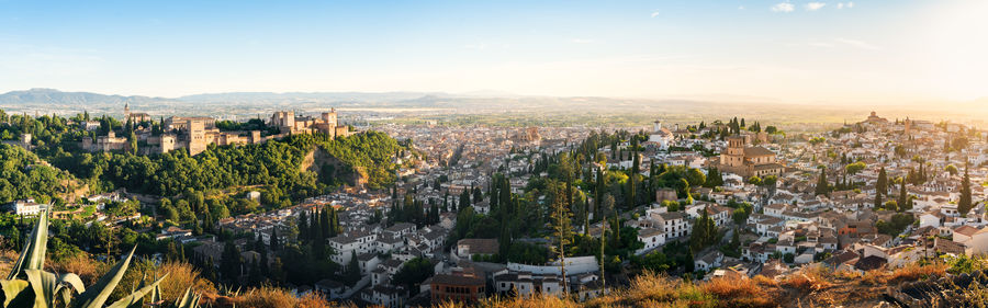 High angle view of townscape against sky during sunset