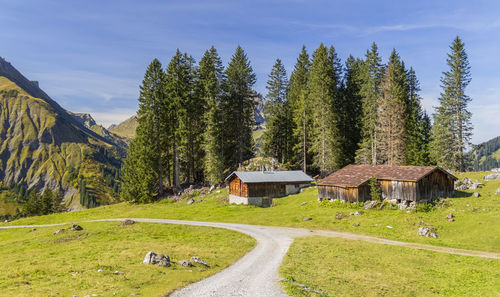 Scenic view of trees and houses against sky