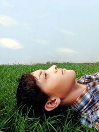 People relaxing on grassy field