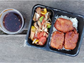 High angle view of food in plate on table