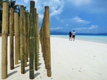 Men walking on beach against sky