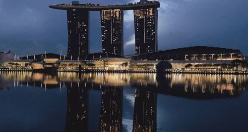 Reflection of illuminated buildings in water at night