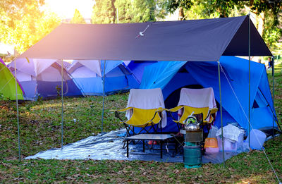 View of tent on field