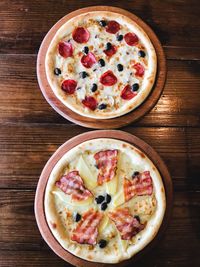 High angle view of pizza on table