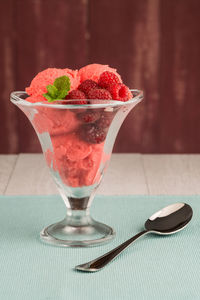 Close-up of dessert in glass on table