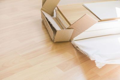 High angle view of cardboard box on table