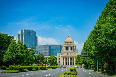 Road by buildings against sky