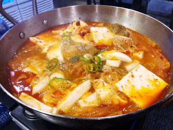 High angle view of food in cooking pan