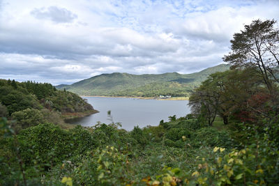 Scenic view of lake and mountains against sky