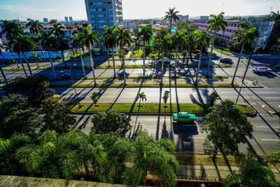 High angle view of trees and buildings against sky