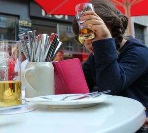 Close-up of beer glass on table