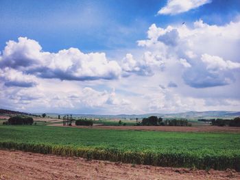 Scenic view of grassy field against cloudy sky